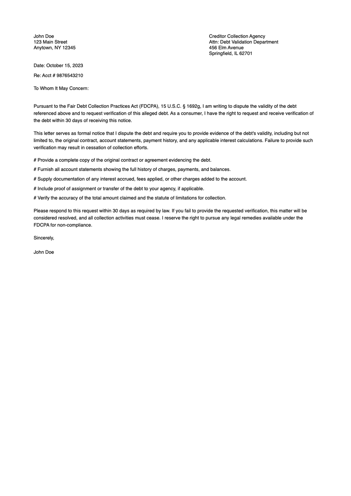 Formal debt validation letter under Fair Debt Collection Practices Act_variant_1